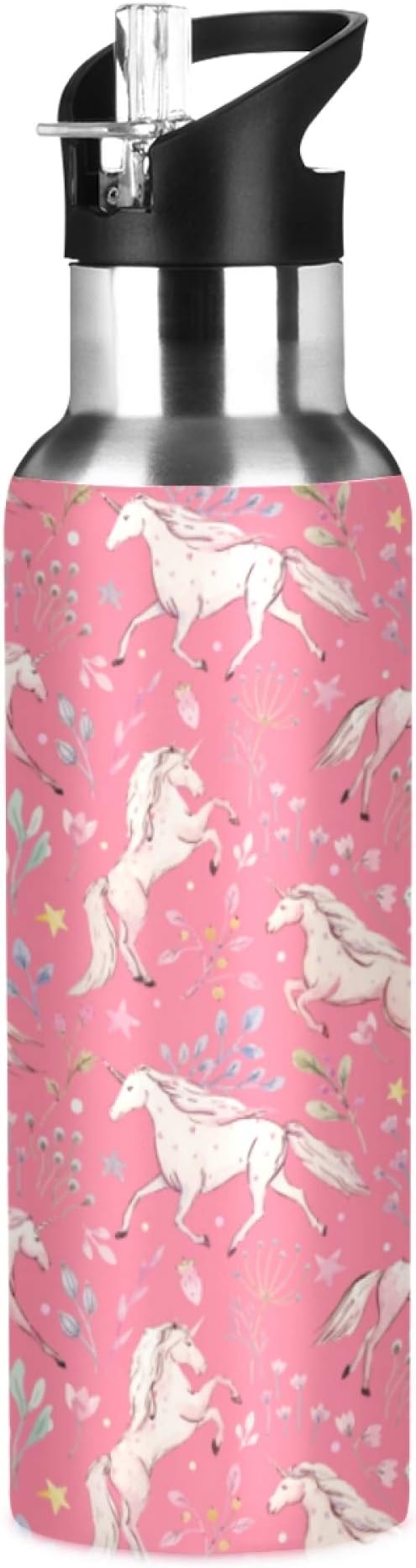 MNSRUU Insulated Water Bottle with Straw, Rainbow and Unicorns Stainless Steel Flasks for Sports Cycling Hiking School