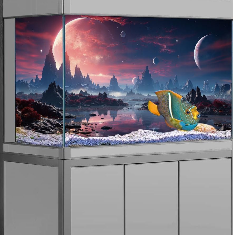 48X24IN Cosmic Spaceterrarium Background, Cool Parallel Space Themed Aquarium Reptile Habitat Background, Red Moon Aquarium Background with 10EVA Double-Sided Tape