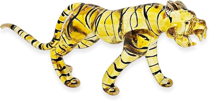 WitnyStore Tiny 8" Long Yellow Black Walking Tiger Roaring Figurine - Miniature Hand Blown Painted Glass Panthera Wild Cat Small Crystal Wildlife Animals Decorative Collectible Figurines Décor Gifts