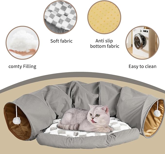 Cute Cat Tunnel Bed for Indoor with Collapsible Washable Design, Half Round Pet Play Interactive Toy for Cats/Puppy/Rabbit, Grey