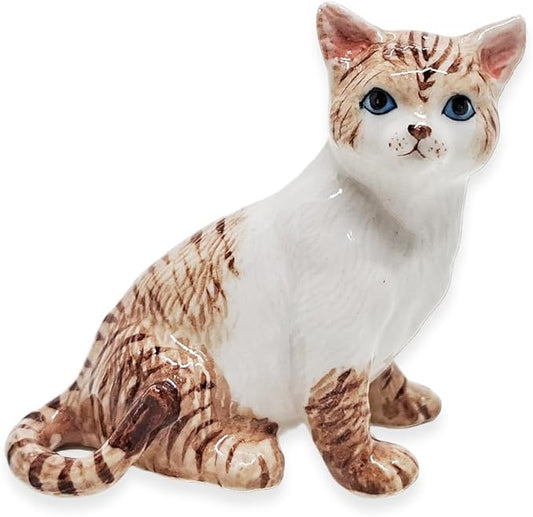 WitnyStore Tiny 2¼" Brown White Tabby Shorthair Cat Sitting Look Right Figurine - Miniature Hand Made Painted Ceramic Cats Kitten Feline Animal Cute Porcelain Decorative Collectible Figure Décor Gifts