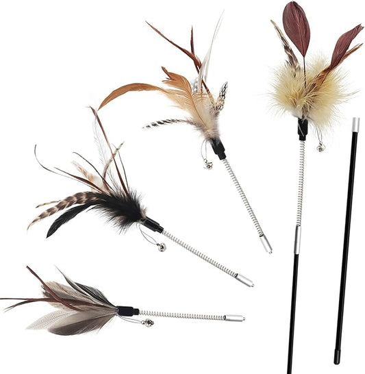 SONGWAY Cat Feather Wand Toy - Cat Teaser Toy Wand with 4 Flexible Spring Feather Refills, Interactive Cat Toys for Indoor Cats Kitten