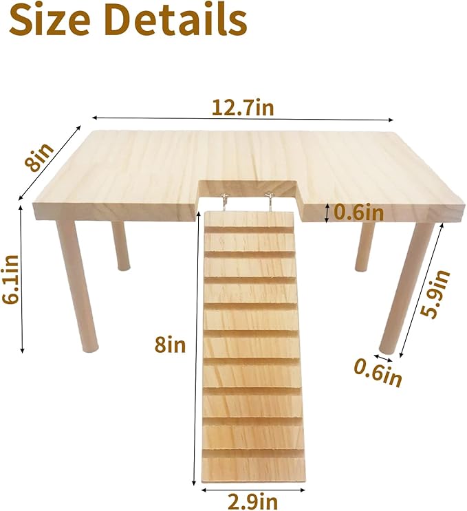 BNOSDM Large Wooden Hamster Platform with Ladder - Natural Wood Standing Platform for Syrian Hamsters, Guinea Pigs, Gerbils, Chinchillas, Mice