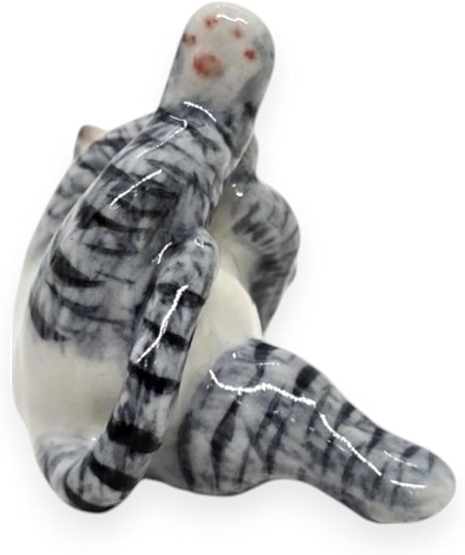 WitnyStore Tiny 1¾" Long White Gray Tabby Shorthair Cat Lying Leg Up Figurine - Miniature Hand Made Painted Ceramic Cats Kitten Feline Animals Cute Porcelain Decorative Collectible Figure Décor Gifts