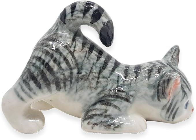 WitnyStore Tiny 2⅛" Gray White Tabby Shorthair Cat Bending Down Figurine - Miniature Hand Made Painted Ceramic Cats Kitten Feline Animal Cute Porcelain Decorative Collectible Figurines Décor Gifts