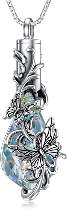 Animal Crystal Urn Necklace For Ashes Sterling Silver Butterfly Dragonfly Bee Phoenix Peacock Hummingbird Fox Angel Wing Pentagram Pentacle Cremation Necklace Heart Teardrop Urn Holder Necklaces For Women Memorial Jewelry