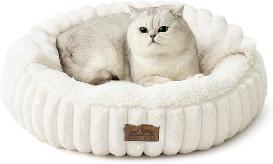 Cat Bed with Hooded Blanket, Round Fluffy Anti-Anxiety Pet Bed for Cats/Small Dogs, Cozy Donut Cuddler with Machine Washable Faux Fur & Anti-Slip Bottom(23"×23"×6",Cream)
