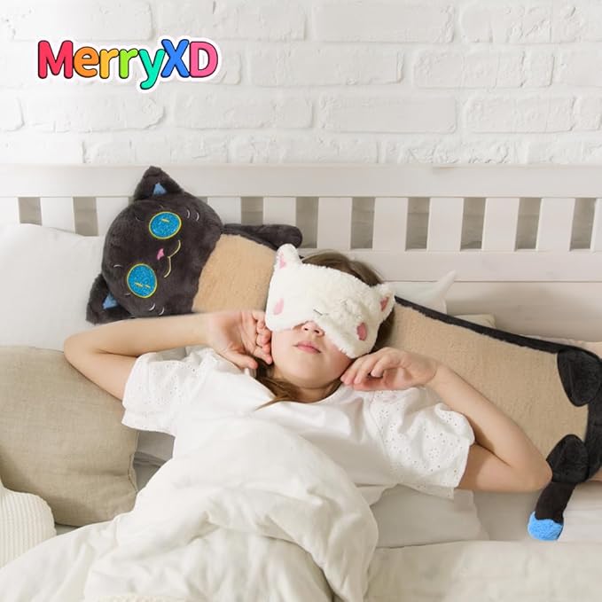 MerryXD Long Cat Plush Kawaii Body Pillow, 20” Cute Black Cat Stuffed Animals Soft Plushies, Big Eyes Kitten Plush Toys Throw Pillow Doll Gift for Girlfriend,Birthday,Christmas,Halloween