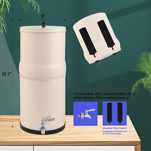 Amwater NSF/ANSI 42&372 Certification 2.25Gallon Stainless Steel Gravity-Fed Filter System,304 Stainless Steel Countertop System