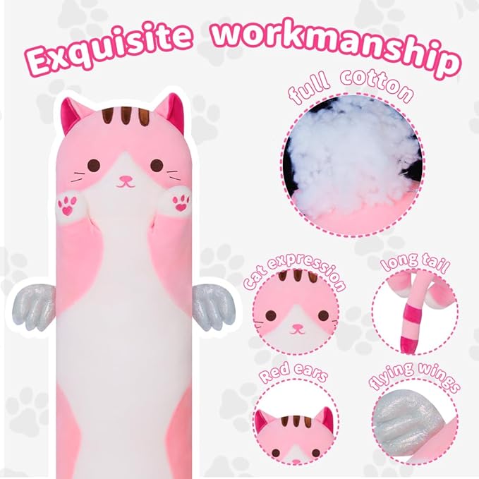 Cute Cat Plush Pillow, Pink Long Kitten Plushie - Soft Kawaii Cat Stuffed Toy for Kids (70cm/27.5inch)