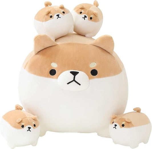 SQEQE Stuffed Animal Shiba Inu Plush Toy with 4 Baby Shiba Inu Plushies in her Tummy, Stuffed Cotton Plush Animal Toy Gift for Kids