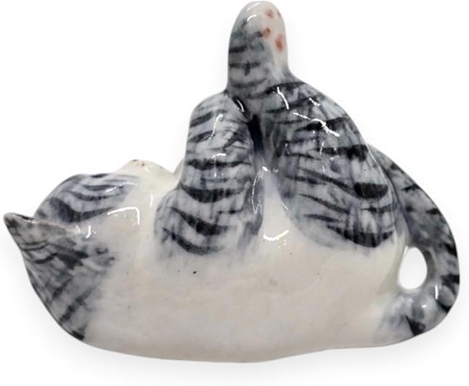 WitnyStore Tiny 1¾" Long White Gray Tabby Shorthair Cat Lying Leg Up Figurine - Miniature Hand Made Painted Ceramic Cats Kitten Feline Animals Cute Porcelain Decorative Collectible Figure Décor Gifts