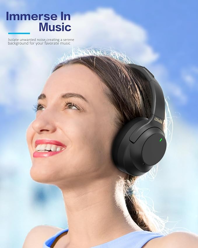 iDiskk E11 Hybrid Active Noise Cancelling Headphones, Wireless Bluetooth Headphones, with Microphone Deep Bass, 60H Playtime,Hi-Res Audio Wireless Headsets for Flight Trips,Studying (Green Stripe)