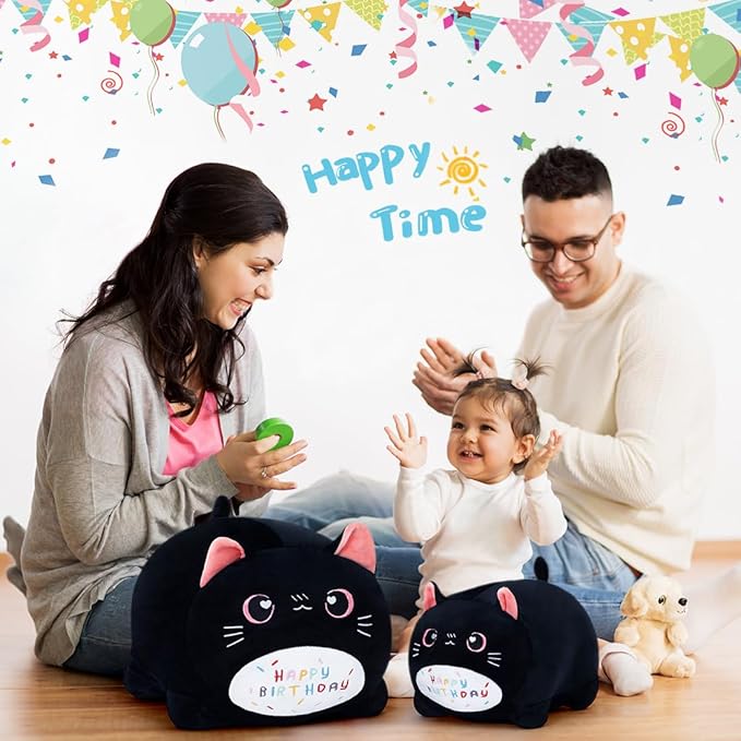 Birthday Cat Plush Pillow Stuffed Animal Toy, Black Birthday Cat Plush Stuffed Animals, Soft Cat Plush Pillow for Kids(Black Cat, 25cm/9.8inch)