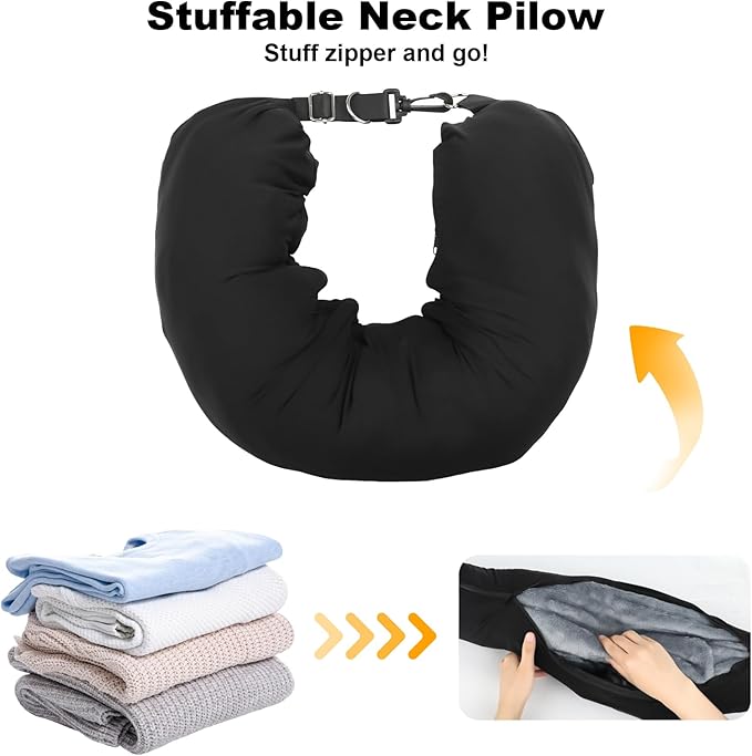 KBY Travel Neck Pillow Stuffable with Clothes, Stuffable Travel Pillow with Sleep Mask Zipplicity Packable Neck Pillow, Fillable Travel Pillow Storage Bag, Soft Velvet Neck Pillow Case Cover