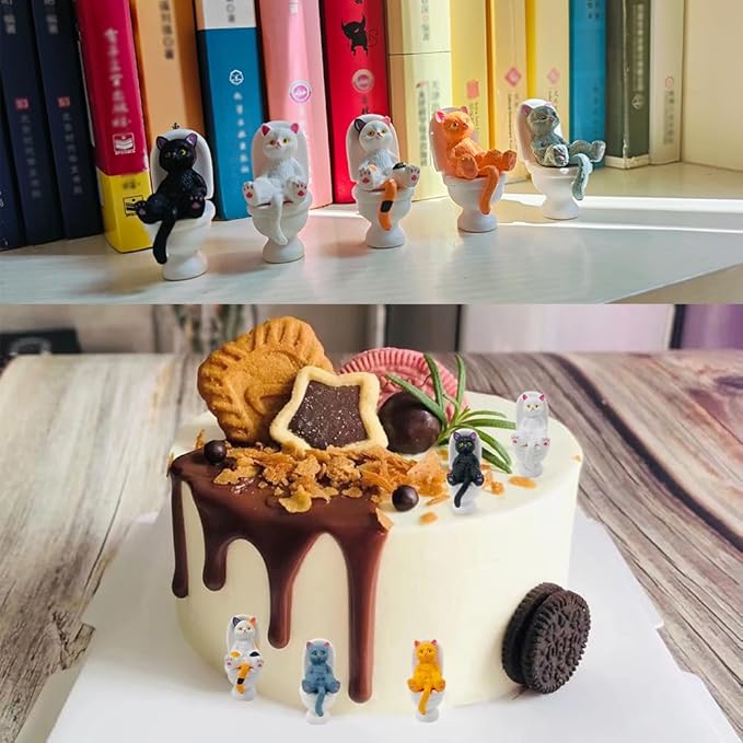 Cat on Toilet 5 Pcs Cat Figure Miniature Cake Topper Mini Cat Figurines Kitty Figures for Crafts,Easter Eggs,Desk Decoration,Succulent Plant Pot Decoration and Birthday Gift