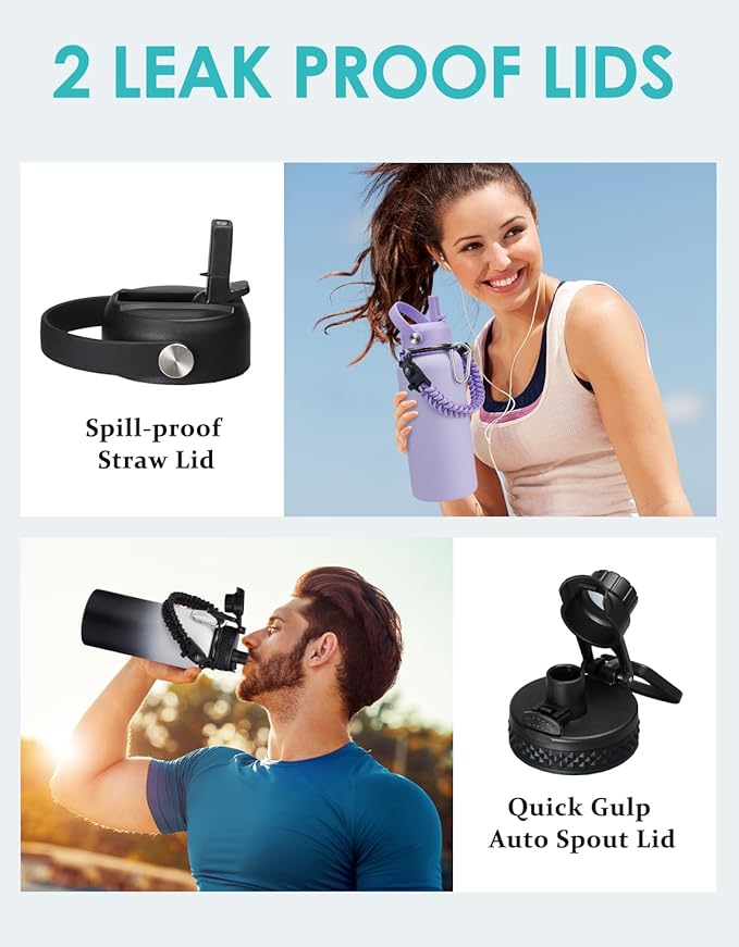 Insulated Water Bottle 32oz with Straw - Pop-up Spout Lid, Paracord Handle, Strap Shoulder Carrier, Protective Boot, Wide Mouth Triple Walled Vacuum Stainless Steel Water Flask for Men Women Gym