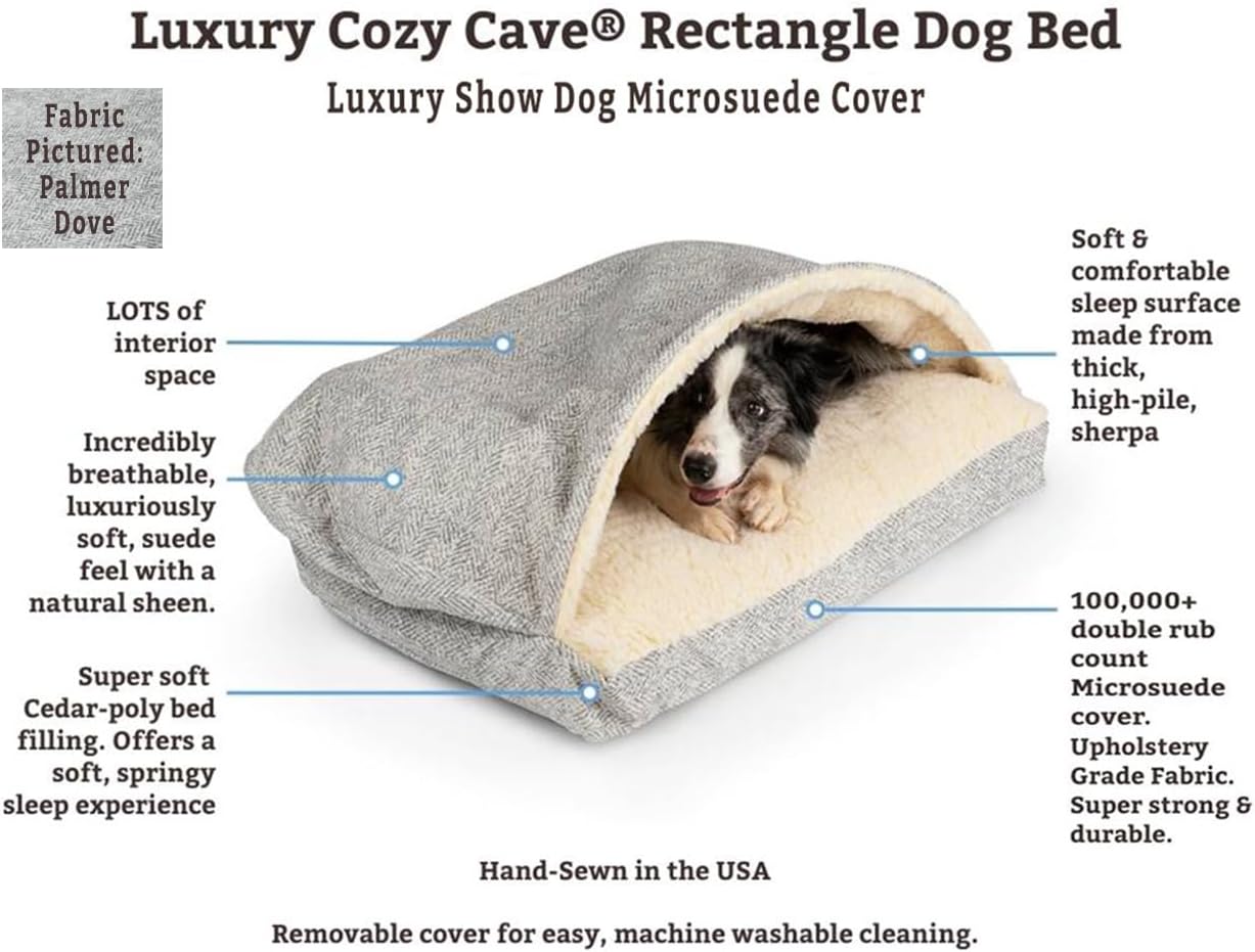 Snoozer Luxury Rectangle Cozy Cave Dog Bed - Indoor Dog Bed with Cover Cave, Covered Calming Burrow for Medium & Large Sized Pets with Blanket Attached, Enclosed, Washable - Large, Palmer Dove