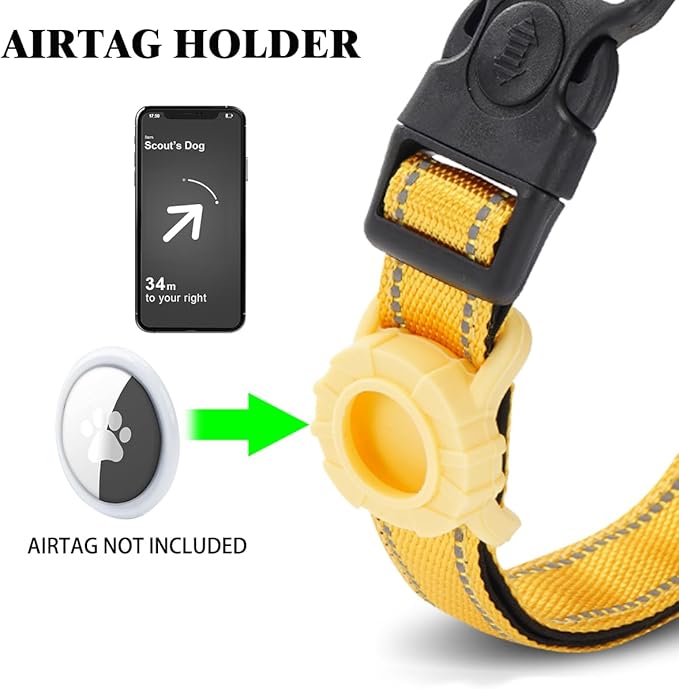 JSXD AirTag Dog Collar, Night Reflective Nylon Dog Collar for Small Medium Large Dogs,Lockable Quick Release Buckle,Padded Breathable Pet Collar with AirTag Holder (Yellow, Small)