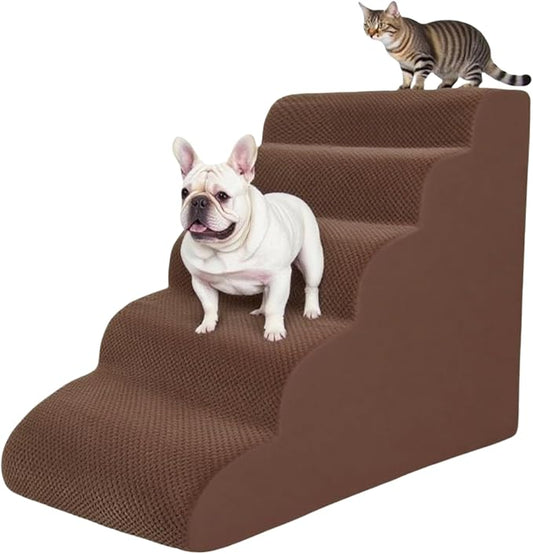 5 Step Pet Stairs Ramp for High Beds Sofas 5-30 Inch with Sturdy Non Slip Waterproof Pads, Machine Washable Cover Indoor Balanced Design for Cats Dogs Small Medium Large XL Pets Grey (Brown, Large, 1)