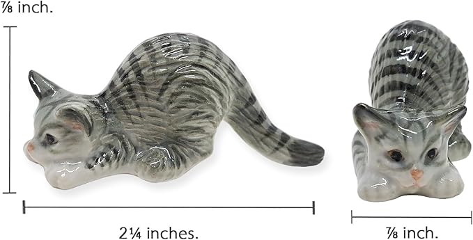 WitnyStore Tiny 2¼" Long Gray Tabby Shorthair Cat Crouching Down Figurine - Miniature Hand Made Painted Ceramic Cats Kitten Feline Animal Cute Porcelain Decorative Collectible Figurines Décor Gifts