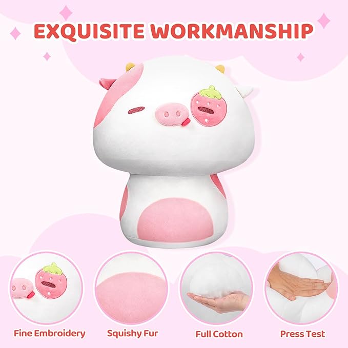 Squishy Cloud-Like Softness, Trending Kawaii Strawberry Cow Mushroom Plush Pillow, A Must-Have Collectible for Young Adults, Perfect for Kids, Toddlers Girls, Stuffed Animal (14")