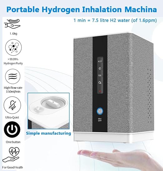 Hydrogen Water Inhalation Machine, 99.99% High Purity H2 Hydrogen Inhaler with 5 Nasal Cannula, Hydrogen-Rich Water Generator, 150ml/min SPE/PEM Ionizer for Home Car Travel (Gray)