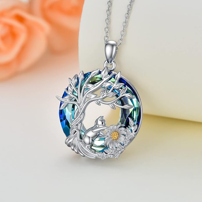 TOUPOP Cat Gifts for Cat Lovers Sterling Silver Cute Cat Tree of Life Pendant Necklace with Blue Circle Crystal Birthday Christmas Jewelry Gifts for Women