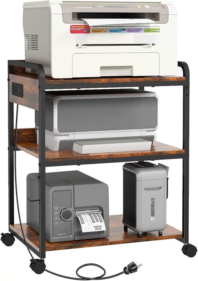 3 Tier Large Printer Stand with Wheels, 25.2 x 18.9 Inch Printer Stand with Power Outlet USB Port, Printer Table with Adjustable Storage Shelf for Home Office, Rustic Brown
