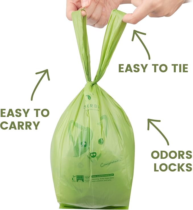 SUPERBIO Handle Tie Dog Poop Bags,12 Rolls,180 Bags,Extra Thick and Strong, OK compost INDUSTRIAL.
