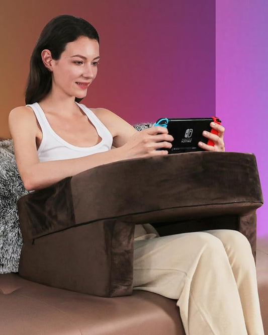 Weighted Idea Reading Pillow for Gaming, Meduim Gaming Pillow for Adult，Table Pillow with 2 Side Pockets for Gaming, Reading, Working Sitting in Bed Floor Sofa (Brown)