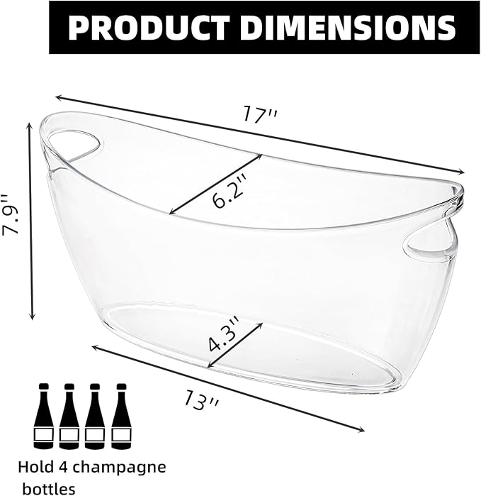 Ice Bucket for Parties, Clear Acrylic Champagne Bucket with Handle, 6 Liter Beverage Ice Tub, Wine Beer Drink Buckets for Mimosa Bar, Cocktail Beer Bottle