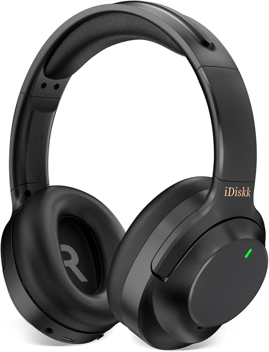 iDiskk E11 Hybrid Active Noise Cancelling Headphones, Wireless Bluetooth Headphones, with Microphone Deep Bass, 60H Playtime,Hi-Res Audio Wireless Headsets for Flight Trips,Studying (Green Stripe)