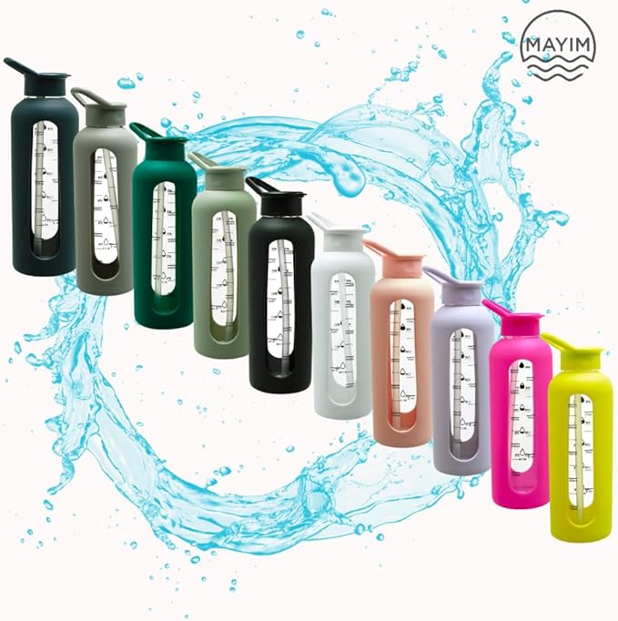 Mayim 24 Oz Glass Tumbler with Straw and Handle, Reusable Motivational Glass Water Bottle with Silicone Sleeve and Time Marker, Leak Proof Borosilicate Water Bottle -Sage