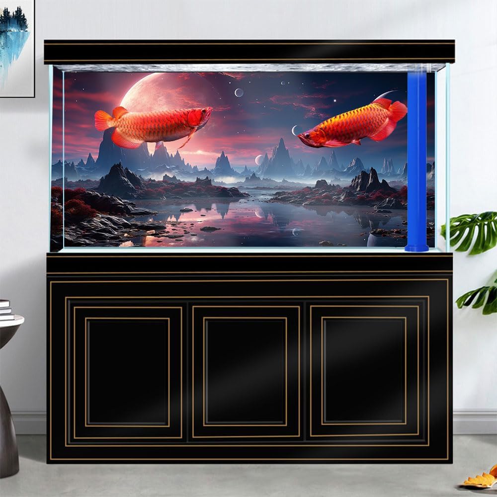 24X16IN Cosmic Spaceterrarium Background, Cool Parallel Space Themed Aquarium Reptile Habitat Background, Red Moon Aquarium Background with 10EVA Double-Sided Tape