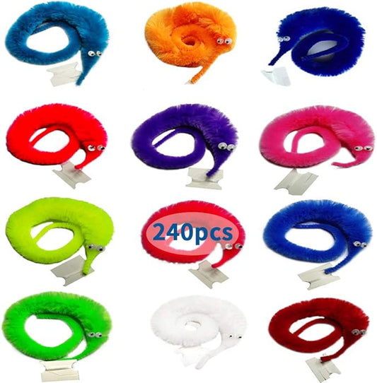 240 Pack Fuzzy Worm Toys String Pets, Rainbow Fuzzy Worms On String Bulk Trick Toy Party Favors for Kid Cat (12 Colors)
