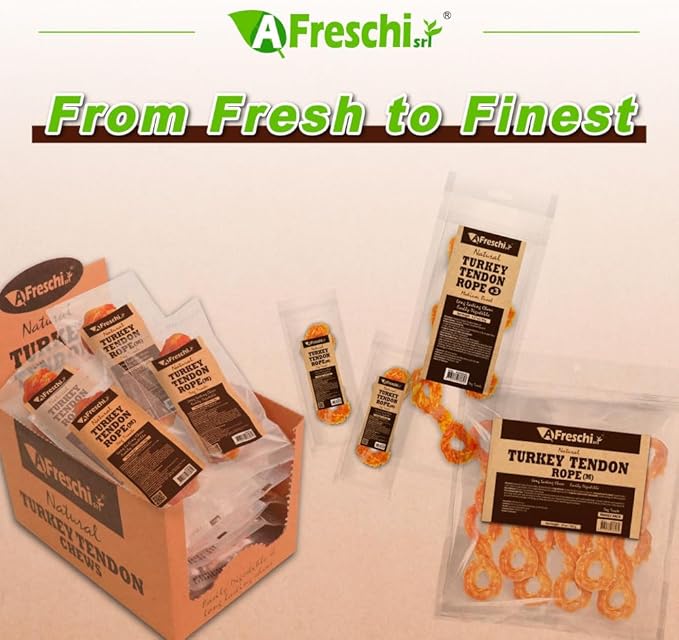 AFreschi Turkey Tendons for Dogs, USA-Sourced, Healthy Dog Treats, Rawhide-Free Puppy Chews, Long Lasting, All Natural, Hypoallergenic Dog Treats for Medium Breeds, 20 Count Box Rope (M)