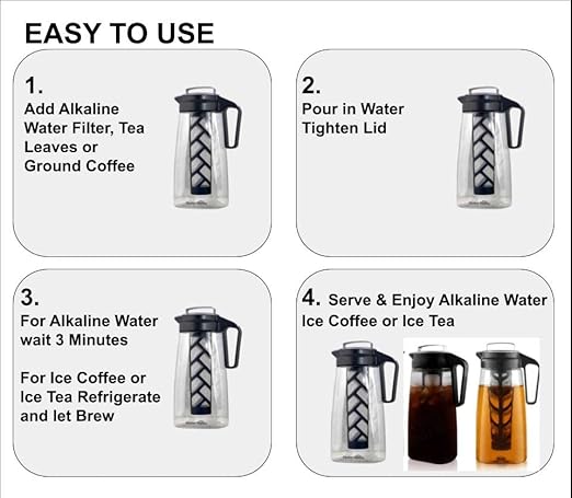 Alkaline Water Filter Pitcher with Infuser, Tritan Pitcher with Lid 2L | 9.5 pH Alkaline Filters | Tea Pitcher | Tritan BPA Free Ice Coffee Maker | Infuser Pitcher (No Filter)