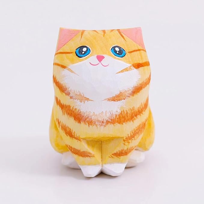 Handmade Orange Cat Figurine, Wooden Tabby Statue Craft, Cute Home Decor, Unique Figure Collectible Gift for Cat Lovers