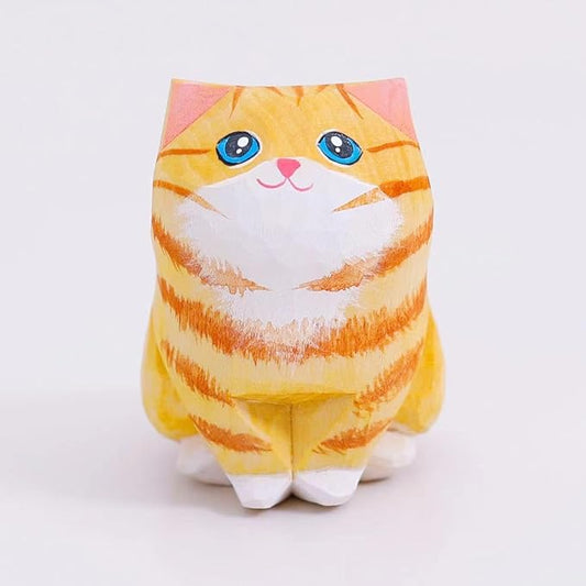 Handmade Orange Cat Figurine, Wooden Tabby Statue Craft, Cute Home Decor, Unique Figure Collectible Gift for Cat Lovers