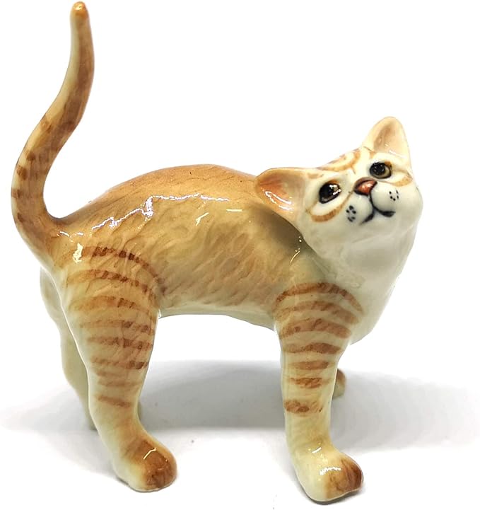 ZOOCRAFT Ceramic Cat Figurine Collectible Stretching Brown Kitty Hand Painted Animal Miniature Home Decor