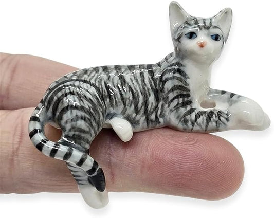 WitnyStore Tiny 2" Gray White Tabby Shorthair Cat Lying Cross Paws Hang Leg Figurine - Miniature Hand Made Ceramic Cats Kitten Feline Animal Cute Porcelain Decorative Collectible Figurines Décor Gifts