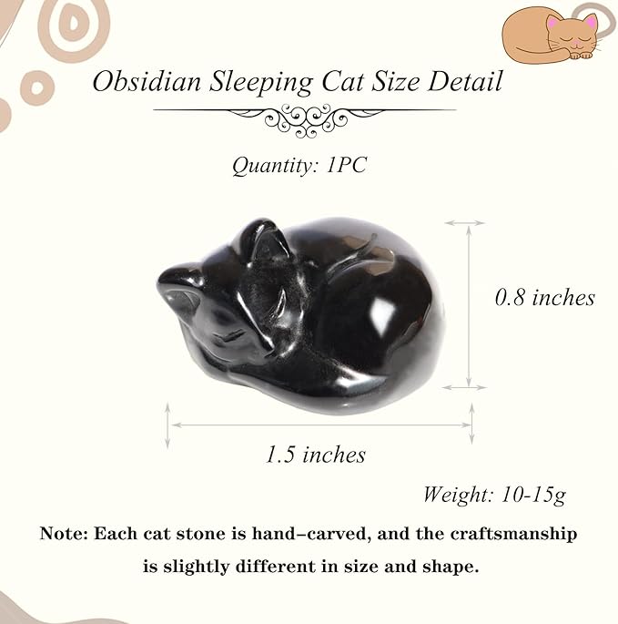 Cat Decor, 1PC Black Obsidian Cat Figurine, Gemsone Sleeping Cat Shaped Stone, Hand Carved Healing Crystal Gift for Cat Lover, Obsidian Sleeping Cat Statue for Home, Rock Collection 1.5''