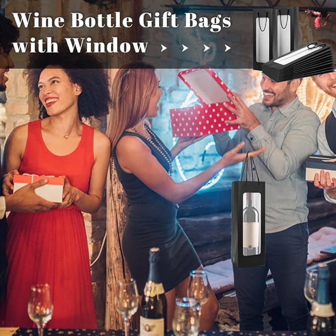 ALMOXVYE 34 Pack Wine Gift Bags with Handles, 14.2 x 4.9 x 3.4 Inch Paper Wine Bottle Bags with Clear Window, Black Wine Bags Bulk for Christmas Wedding Birthday Anniversary