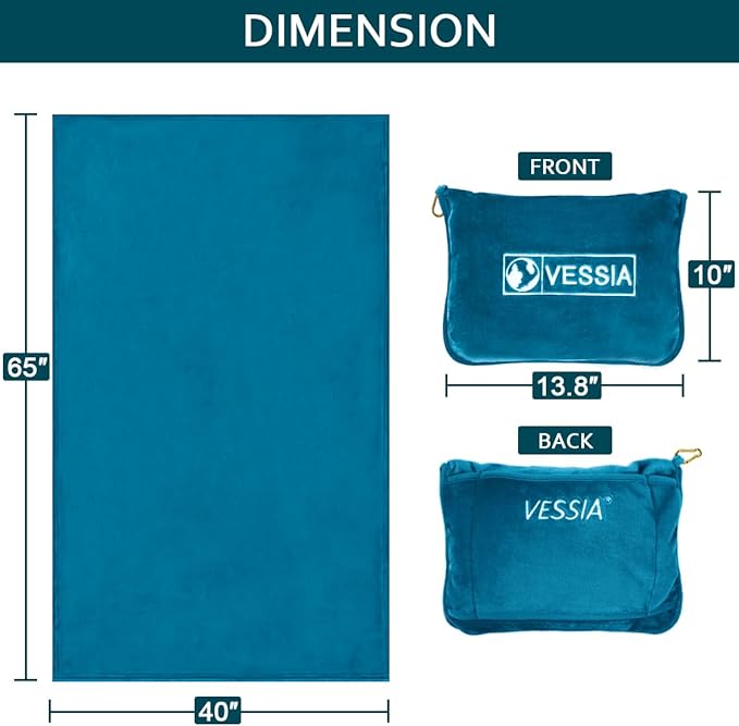Vessia Travel Blanket for Airplane, Train and Car, Warm and Soft Travel Blanket in Bag for Adults and Kids, Portable Compact Long Flight Blanket with Luggage Sleeve, Backpack Clip(Lake Blue)