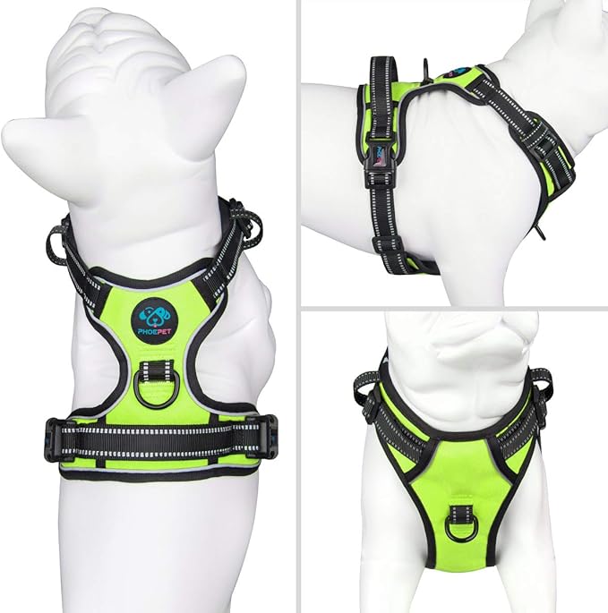 PHOEPET Reflective Dog Harness No Pull Large Breed Vest with 2 Metal Leash Attachment Hooks(XL, Green)