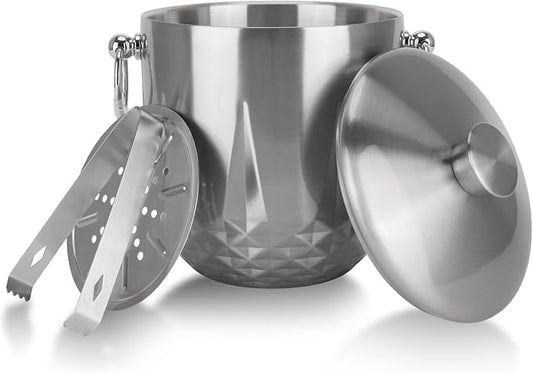 Ice Bucket with Lid, Double Wall Stainless Steel insulated ice bucket, Champagne Bucket, Wine Bucket for parties, cocktail bar, Sliver, 3L