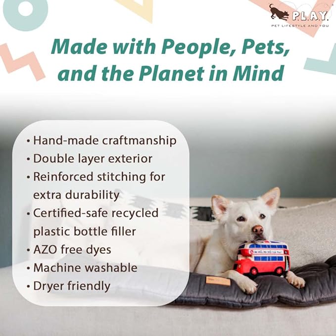 P.L.A.Y. Cute Plush Dog Toys - Canine Commute, Travel Themed Durable Squeaker Chew Toy, Great for Puppies & Small, Medium, Large Dog Breeds - Machine Washable, Recycled Materials (Lickety-Split Bus)
