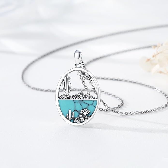 Midir&Etain Western Necklace 925 Sterling Silver Turquoise Pendant Cow Skull/Hat/Tag/Cactus Cowgirl Country Jewelry for Women Men