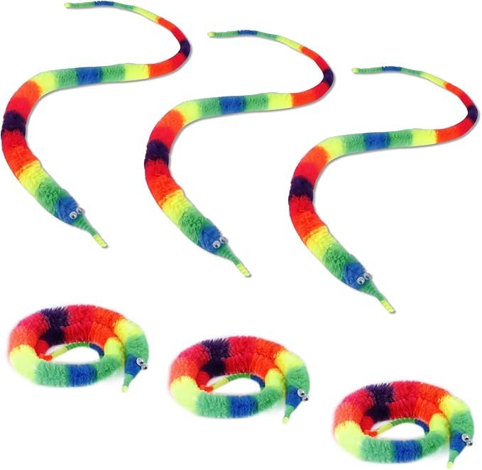 3 PCS Rainbow Fuzzy Worm Toys String Pets,Large Fuzzy Worms On String Bulk Trick Toy Party Favors for Kid Cat (19 Inch)